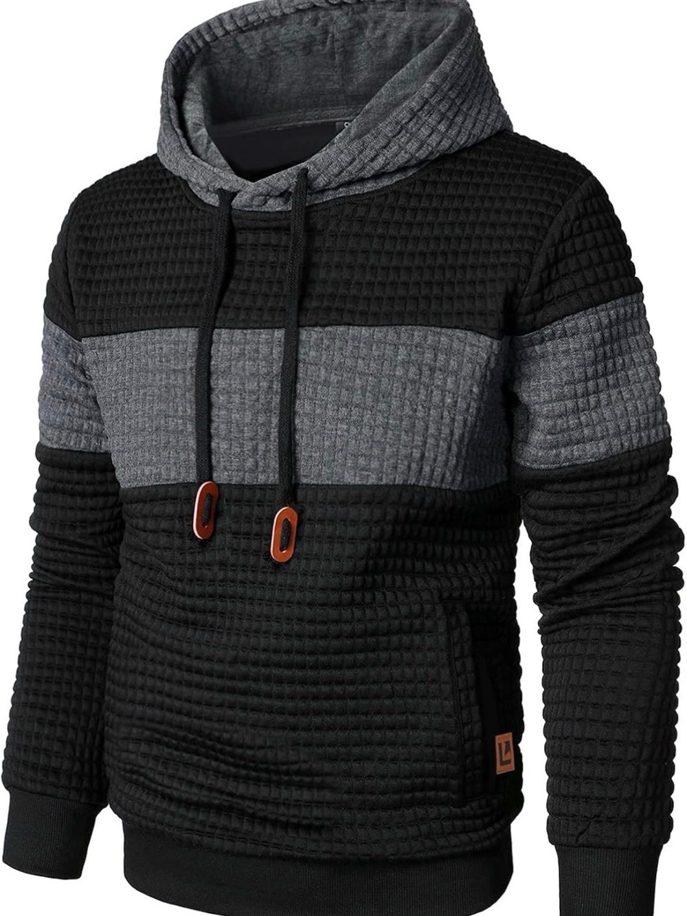 Men's plus 4XL Two-Tone Black & Gray Waffle-Knit Hoodie outdoor casual work 1235